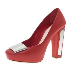Dior Red Leather Block Heel Pumps with Silver Plate Detail